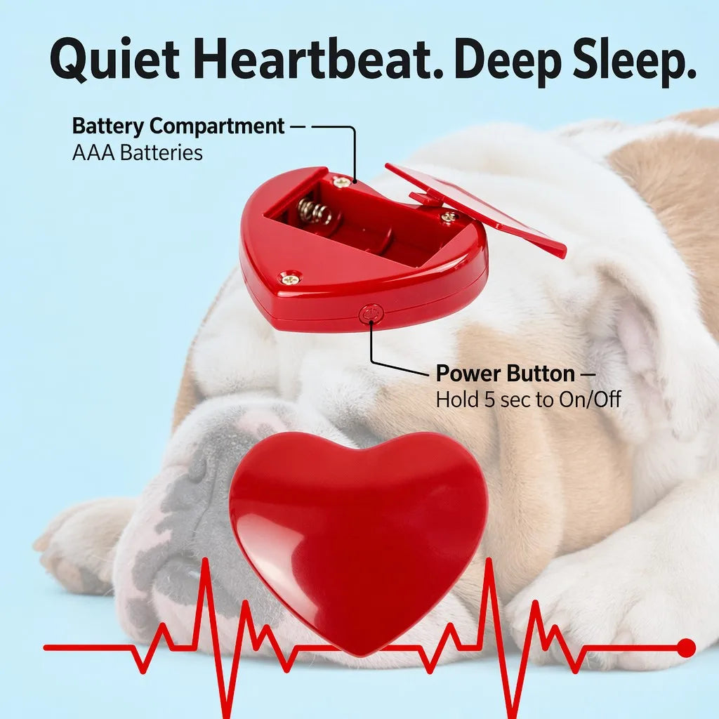 Removable heartbeat device inside CalmPetly puppy calming toy — battery compartment and power button