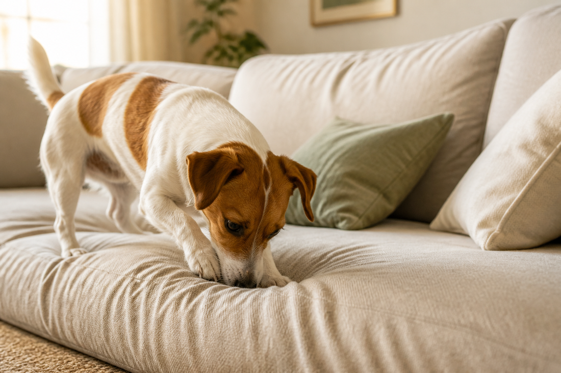 dog digging at couch cushion looking for outlet
