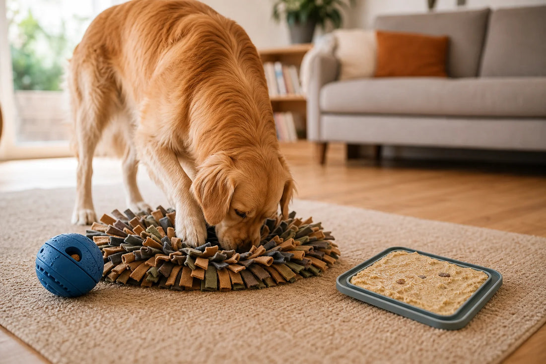 Dog using enrichment toys including a snuffle mat and treat ball at home — best enrichment toys for destructive dogs
