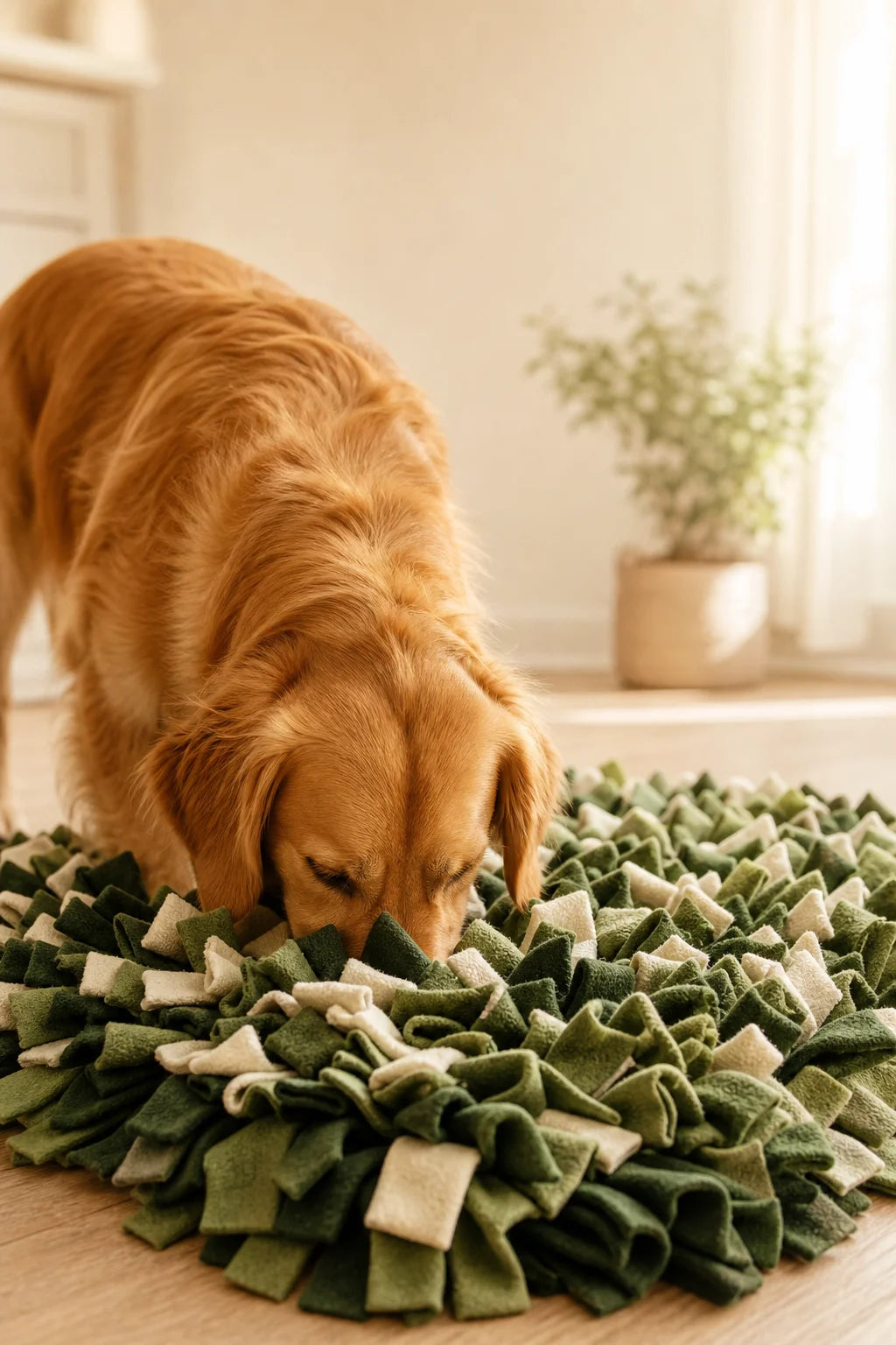 Dog using a snuffle mat for foraging enrichment — calming frozen dog treat recipes for anxious dogs