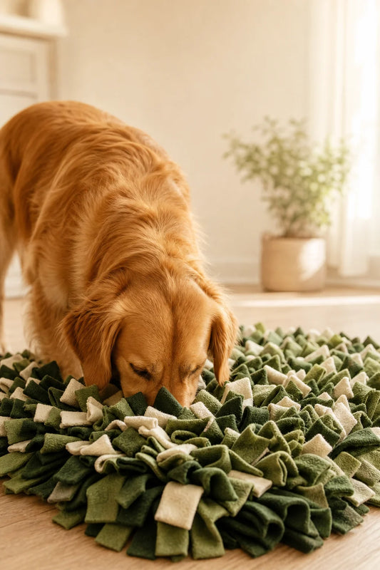 Dog using a snuffle mat for foraging enrichment — calming frozen dog treat recipes for anxious dogs