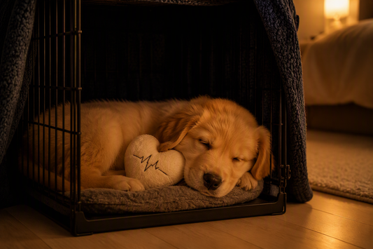 Golden retriever puppy settling in a crate at night with a heartbeat comfort toy — CalmPetly