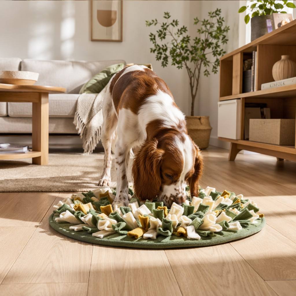 Dog actively sniffing and foraging on CalmPetly Snuffle Mat in modern living room — mental stimulation and calm engagement