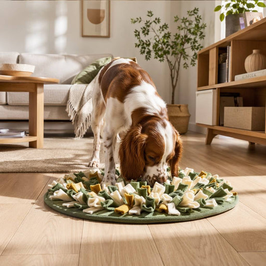 Dog actively sniffing and foraging on CalmPetly Snuffle Mat in modern living room — mental stimulation and calm engagement