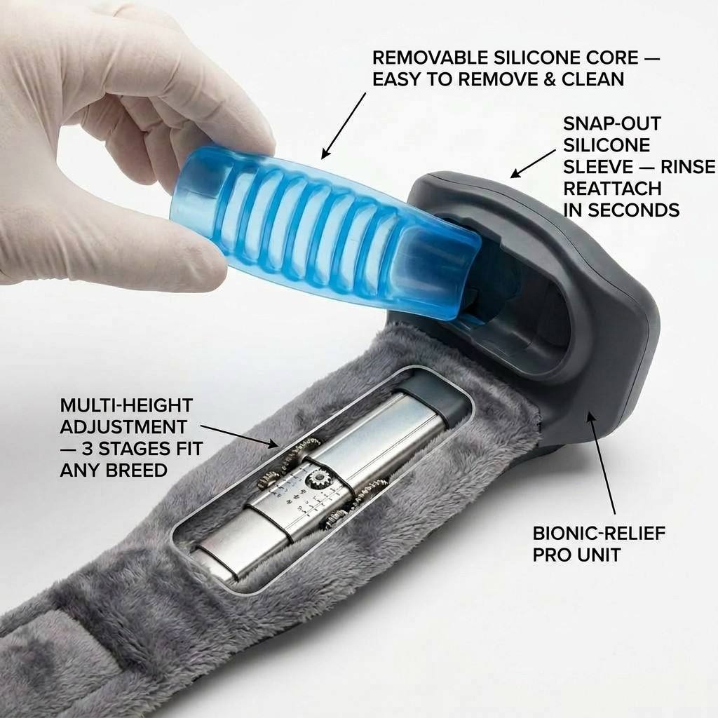 Removable silicone core and multi-height adjustment demonstrated — easy clean, 3 stages fit any breed
