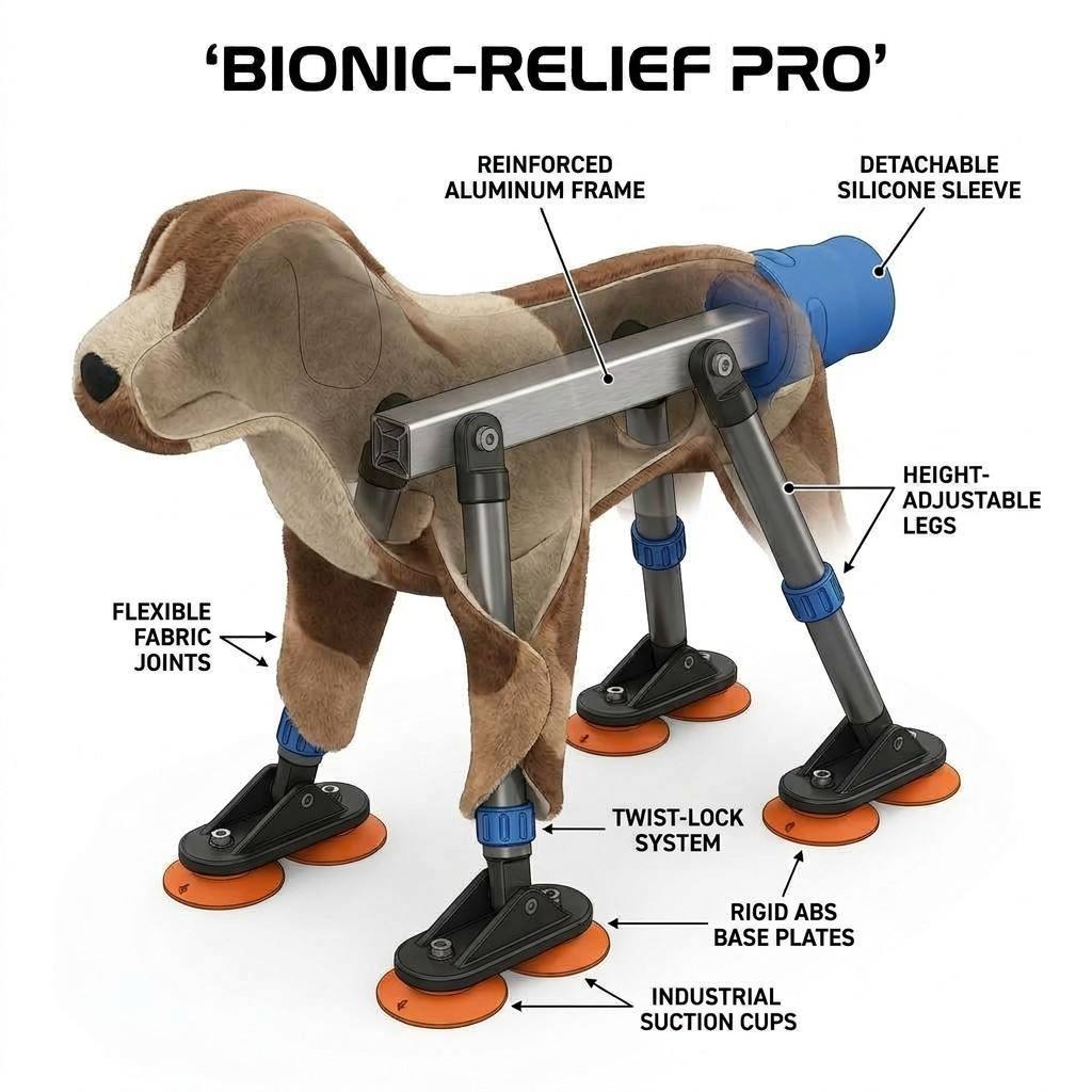 Internal reinforced aluminum frame, telescopic legs, and twist-lock system — Bionic-Relief Pro structure