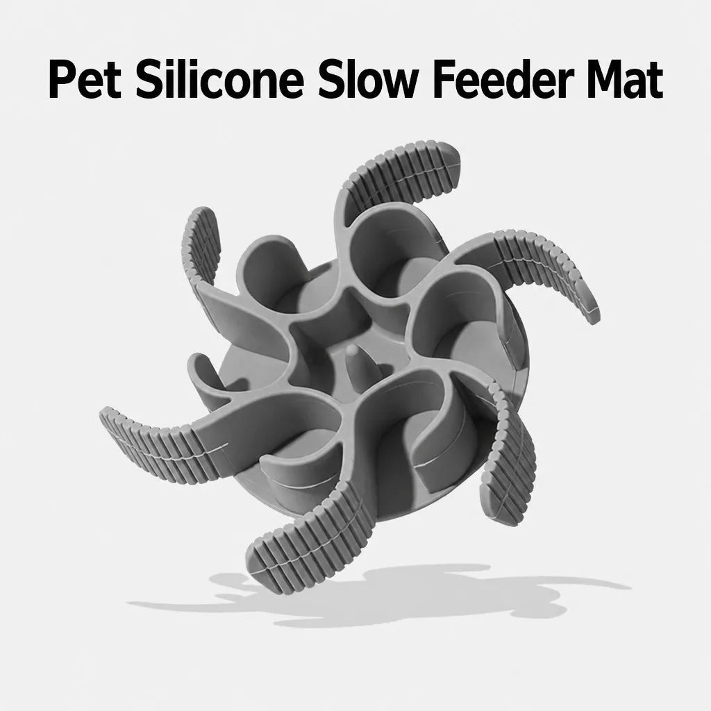 Grey silicone slow feeder mat with suction base — six spiral arms, textured ridges, pet enrichment toy