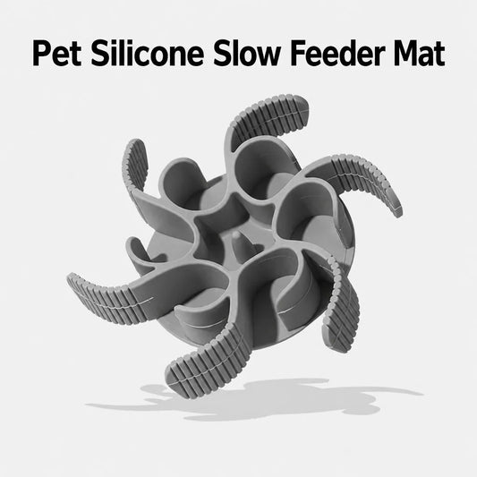 Grey silicone slow feeder mat with suction base — six spiral arms, textured ridges, pet enrichment toy