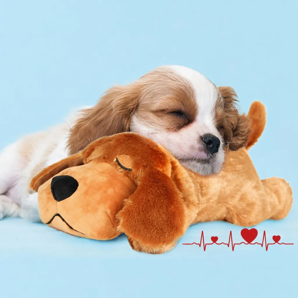 Puppy sleeping calmly with CalmPetly heartbeat companion toy during crate training