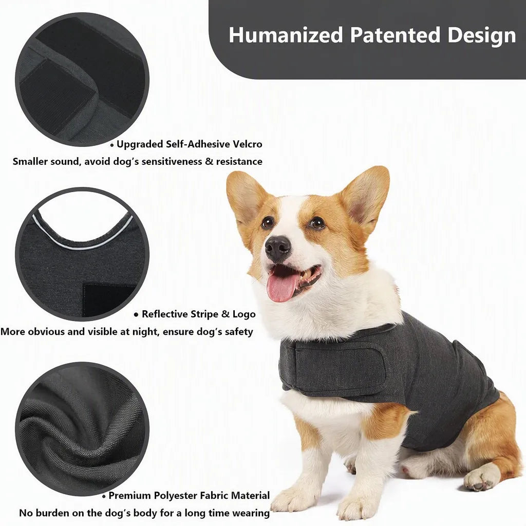 CalmWrap vest feature callouts — upgraded self-adhesive Velcro, reflective stripe, premium polyester fabric with corgi model