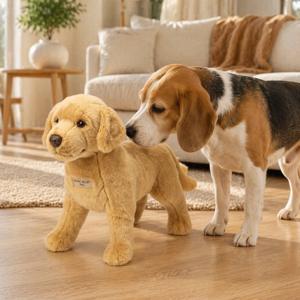 Dog with CalmPetly Bionic-Relief Pro companion toy — behavior replacement for mounting and restlessness