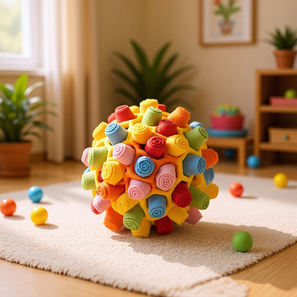 Yellow honeycomb puzzle treat ball on cream rug with colorful fleece insert rolls — warm home decor setting