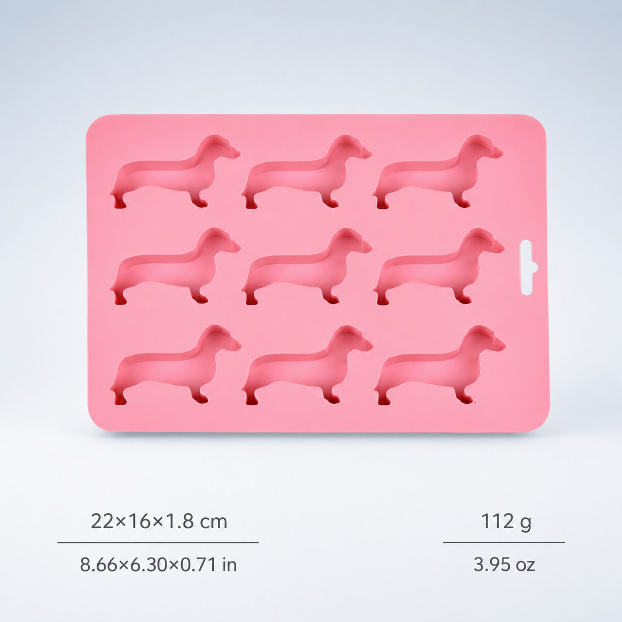 Pink silicone dog bone freezer mold — 9 dachshund-shaped cavities, 22×16 cm, food-grade enrichment recipe tool