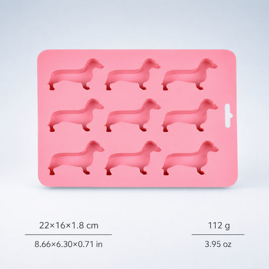 Pink silicone dog bone freezer mold — 9 dachshund-shaped cavities, 22×16 cm, food-grade enrichment recipe tool