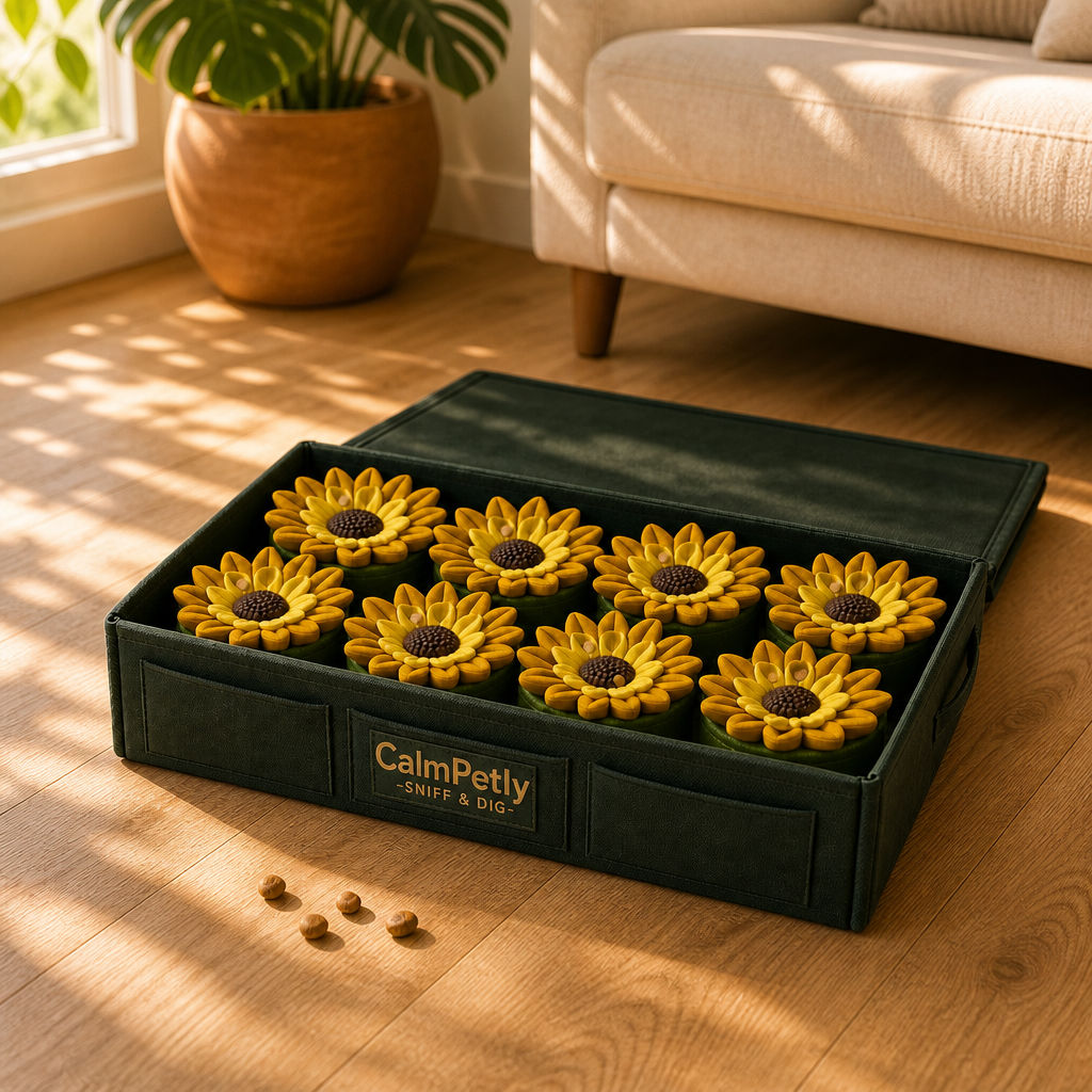 CalmPetly Dig Box enrichment toy open on warm living room floor — indoor lifestyle scene