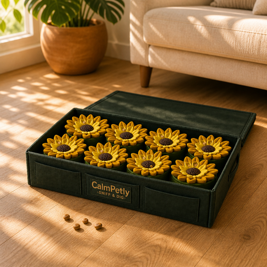 CalmPetly Dig Box enrichment toy open on warm living room floor — indoor lifestyle scene
