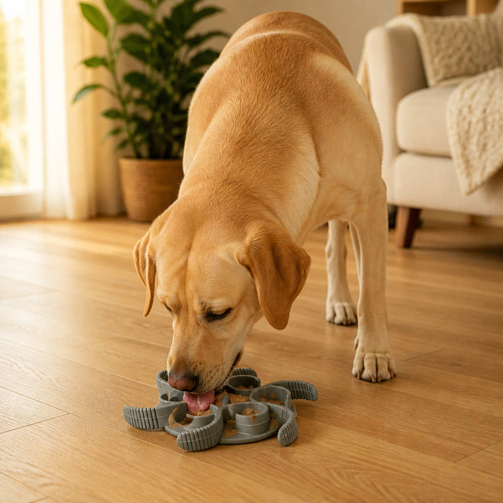 Labrador licking food from CalmPetly Freeze & Lick silicone slow feeder mat on warm living room floor