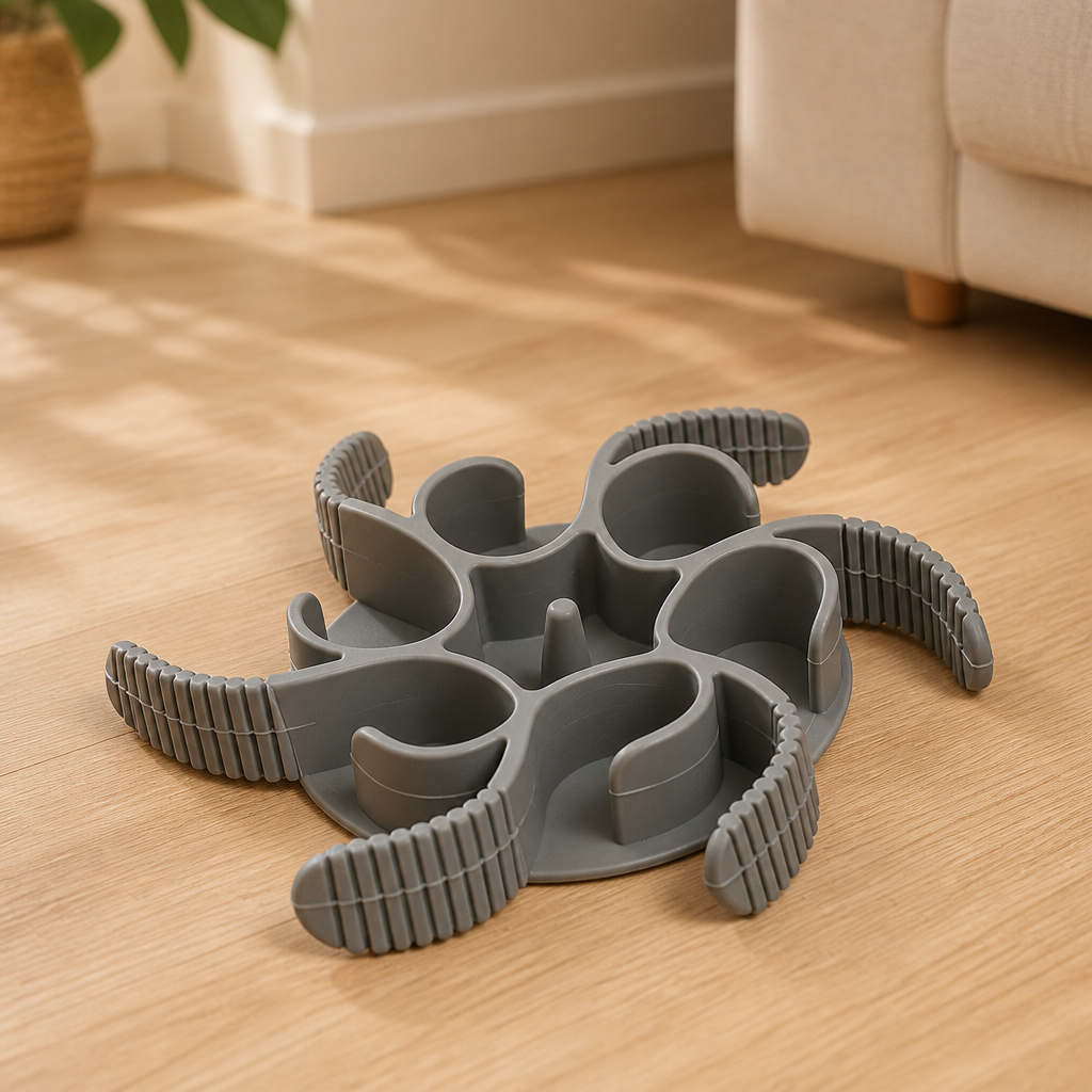 CalmPetly Freeze & Lick grey silicone slow feeder mat product on warm home floor