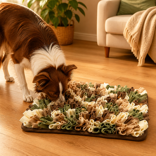 Dog foraging on CalmPetly Snuffle Mat — overhead angle showing full mat surface