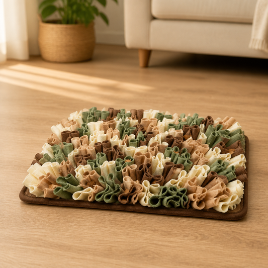 CalmPetly Snuffle Mat product on warm living room floor